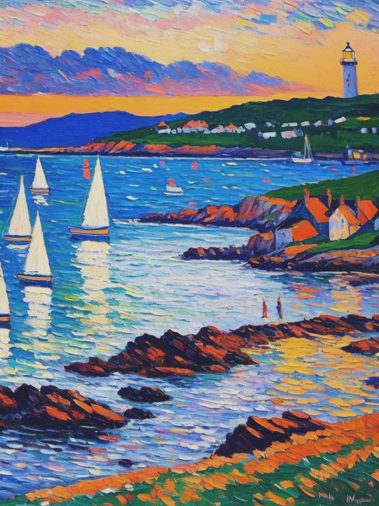 04058-360233475-an oil painting in the style of Maxime Maufra, fauvist, fine art nouveau. Painting includes small, white yachts moored in a bay.png